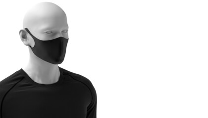 Man with a trendy, black protective face mask, standing on a white background. Closeup shot of a person, with a virus protection mask on his face. Healthcare banner 3D design. 