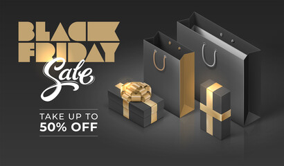 illustration with shopping bag and gift boxes on dark background. Black Friday sale banner with handwriten typography. Template for shop, store, discount flyer, poster, ad.