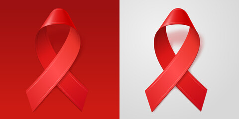 Red ribbon is symbol of HIV AIDS awareness. Realistic 3d ribbon on red and white isolated background. template for web design, logo, icon.