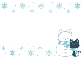 Obraz premium 雪だるまとネコと雪の結晶のフレーム横