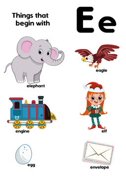 Things that start with the letter E. Educational, vector illustration for children.