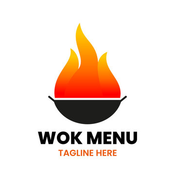 Wok Menu logo design template. Abstract wok pan and fire. Stock vector illustration.
