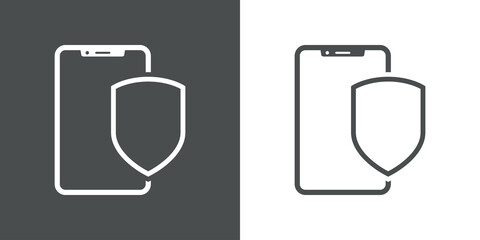 Icono silueta de smartphone con escudo con lineas en fondo gris y fondo blanco