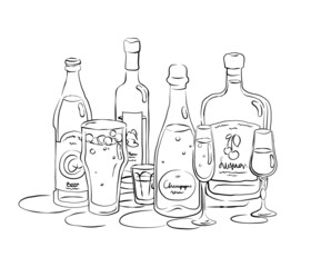 Bottle and glass beer vodka champagne liquor together in hand drawn style. Beverage outline icon. Restaurant illustration for celebration design. Retro sketch. Line art. Isolated on white background