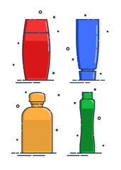 Cosmetic container. Body care hygiene. Set blank package bottle. Four plastic makeup jar product. Color beauty medicine package. Oil, gel, shampoo. Treatment mockup design. Outline object