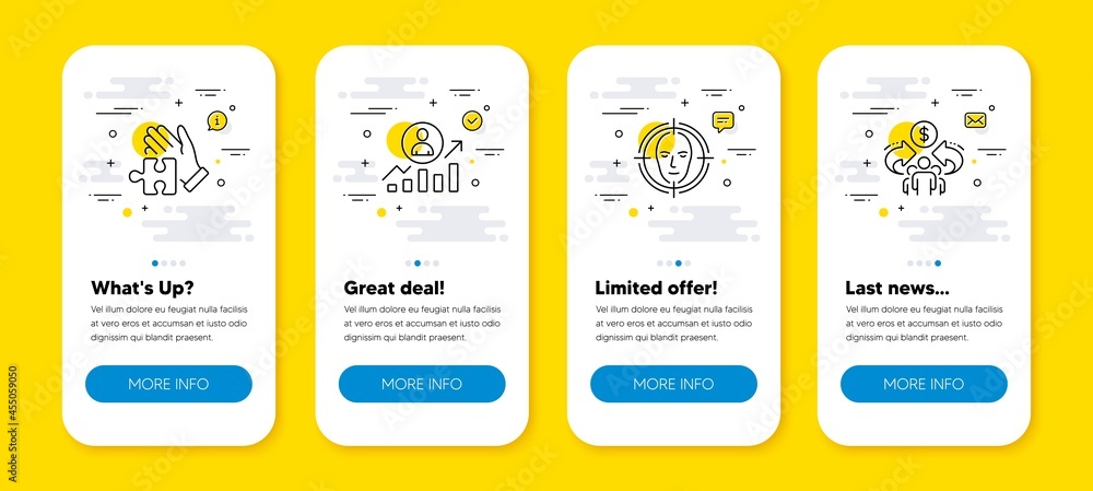 Poster vector set of puzzle, career ladder and face detect line icons set. ui phone app screens with line i
