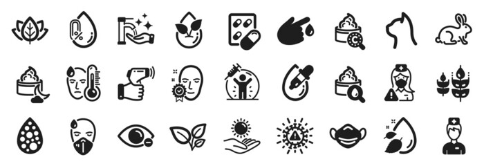 Set of Healthcare icons, such as Medical mask, Organic tested, Vaccine protection icons. Water drop, Myopia, Electronic thermometer signs. Sick man, Washing hands, Eye drops. Face verified. Vector
