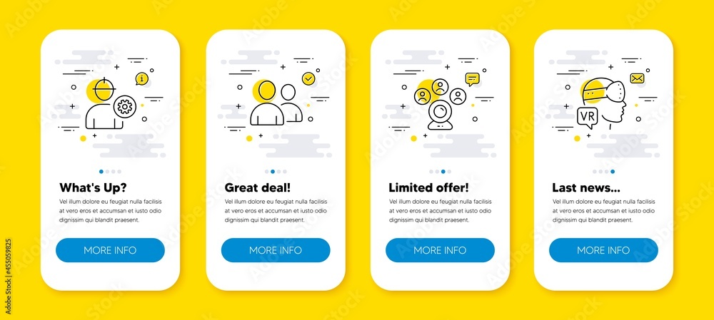 Poster vector set of engineer, video conference and users line icons set. ui phone app screens with line ic