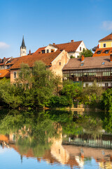 Fototapeta na wymiar Novo Mesto Old Town Houses Reflection in Krka River, Slovenia