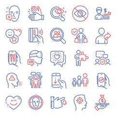 People icons set. Included icon as Friends chat, Clapping hands, Security agency signs. Smile chat, Face declined, Business growth symbols. Augmented reality, Buyer insurance, Scroll down. Vector