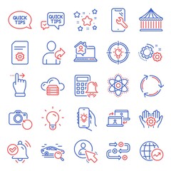 Technology icons set. Included icon as Quick tips, Touchscreen gesture, Light bulb signs. Search car, Employee hand, Idea symbols. Cloud server, Chemistry atom, Outsource work. Gears, User. Vector