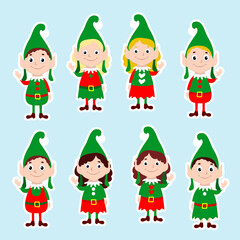 Set stickers of Christmas happy elves. Santa claus helpers wave their hands and smile. Festive vector illustration of winter cartoon characters. Design for greeting cards, web and marketing.