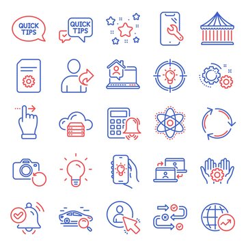 Technology icons set. Included icon as Quick tips, Touchscreen gesture, Light bulb signs. Search car, Employee hand, Idea symbols. Cloud server, Chemistry atom, Outsource work. Gears, User. Vector