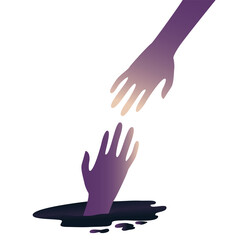 A purple hand is stuck in a swamp, a helping hand is approaching it. The concept of mutual aid for victims of narcissistic violence, support, crisis recovery, difficult relationships.