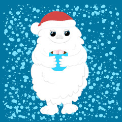 A cute charming bigfoot stands against a background of snow, smiling and holding a cup in his hands. Etty is wearing a red Christmas hat. Illustration in cartoon style.