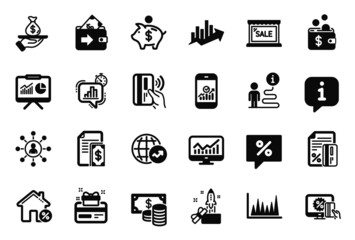 Vector Set of Finance icons related to Wallet, Statistics timer and Loan house icons. Statistics, Payment and Sale signs. Line graph, Networking and Growth chart. Online shopping, Loan. Vector