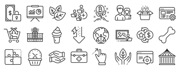 Set of Business icons, such as Cross sell, Seo targeting, Ice cream icons. Loyalty points, Energy drops, Carousels signs. Helping hand, Add team, Web settings. First aid, Fair trade. Vector