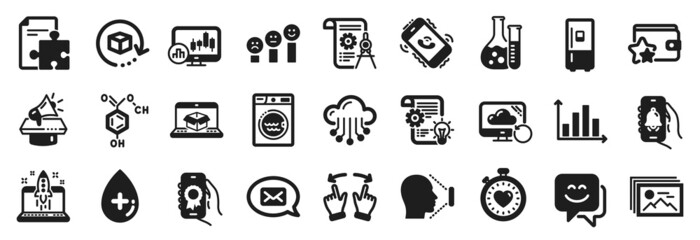 Fototapeta premium Set of Technology icons, such as Cogwheel, Recovery cloud, Divider document icons. Online delivery, Move gesture, Image gallery signs. Refrigerator, Start business, Messenger. Call center. Vector