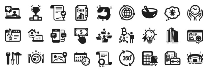 Set of Business icons, such as Safe time, Teamwork, Spanner tool icons. Skyscraper buildings, Photo location, Seo certificate signs. Friends chat, Winner podium, Globe. Report document. Vector