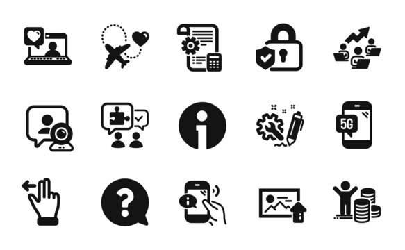 Vector set of Upload photo, Settings blueprint and Video conference icons simple set. Teamwork chart, Call center and 5g phone icons. Info, Budget profit and Question mark signs. Vector