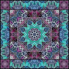 Luxury ornamental pattern with stylized mandala in decorative frame. Bandana print, square scarf or shawl, decorative cushion, carpet, rug.