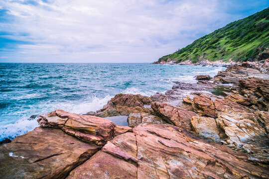 Long Exposure Of Sea With Smooth Wave And Rock. nature of Seascape
