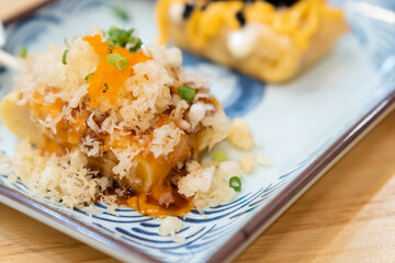 Tamagoyaki, Japanese sweet omelette, selective focus. Close up Japanese Cuisine, Sushi Set with egg, Tamagoyaki, nigirizu .