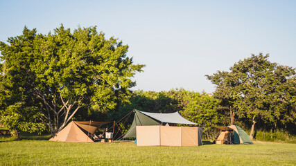 tourist tent camping in mountains near lake, Khao Yai National park, Thailand