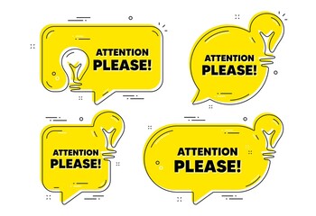 Attention please text. Idea yellow chat bubbles. Special offer sign. Important information symbol. Attention please chat message banners. Idea lightbulb balloons. Vector