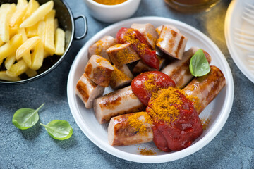 White plastic takeaway plate with currywurst or german traditional sausages served with tomato sauce, curry and fries, studio shot