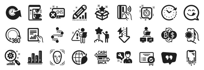 Set of Technology icons, such as Update time, Search employee, Coffee maker icons. 360 degrees, Contactless payment, Energy drops signs. Covid app, Time change, Environment day. Repairman. Vector