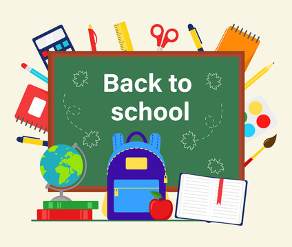 Back to school. School blackboard with inscription and stationery. Element for banner design. Vector illustration