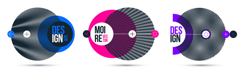 Graphic design elements vector set, moire trendy layouts with circles, posters and covers abstract modern art, optical art banners.