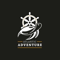 Vintage Retro Ship steering wheel logo. With turtle, and orca whale on gold, black, white colors. Premium and luxury adventure logo template