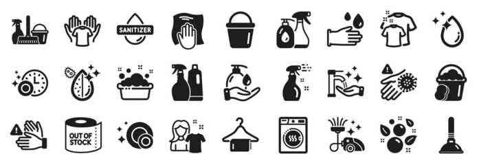 Fototapeta premium Set of Cleaning icons, such as Dryer machine, Dont touch, Cleaning spray icons. Household service, Plunger, Dirty water signs. Rubber gloves, Hold t-shirt, Dishwasher timer. Clean bubbles. Vector