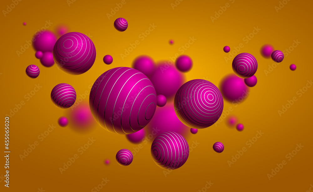 Poster abstract spheres vector background, composition of flying balls decorated with lines, 3d mixed reali