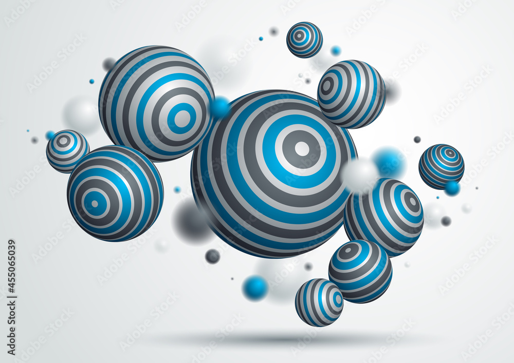 Poster realistic decorated spheres vector illustration, abstract background with beautiful balls with patte