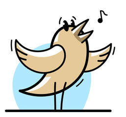 Little cute bird standing and singing birdsong funny cartoon flat vector illustration isolated on white.
