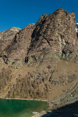 Landscape view of the Blu lake in the Ayas Valley in the Alta Via of Monte Rosa near Champoluc in the italian Alps