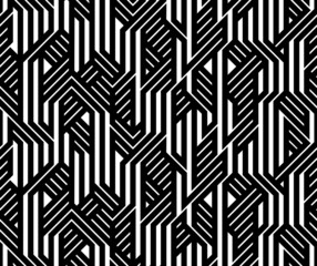 Tech style seamless linear pattern vector, monochrome circuit board lines endless background wallpaper image, black and white geometric design techno micro picture.