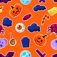 Happy Halloween seamless pattern with celebration items. Background for party.