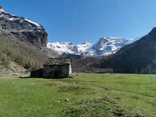 The Piani di Verra Inferiori a plane area halfway to the peak of Mount Rose in northern Italy in Val d'Ayas, Aosta