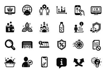Vector Set of Business icons related to Web shop, Survey results and Global engineering icons. Parking garage, Wrong file and Water bottle signs. Info bubble, journey path. Vector