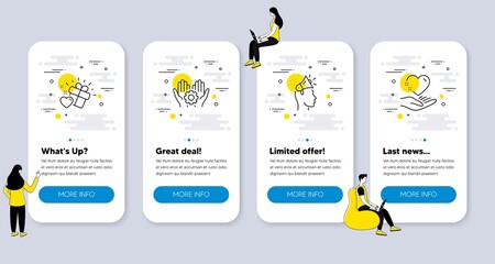 Set of People icons, such as Love gift, Employee hand, Brand ambassador icons. UI phone app screens with people. Hold heart line symbols. Heart, Work gear, Megaphone. Care love. Vector