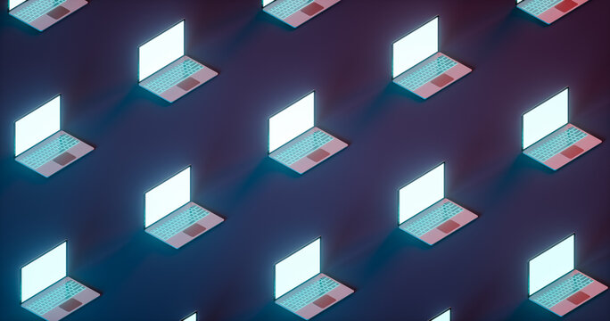 Set of many open gaming laptop on light blue and red background. Isometric view. 3d render