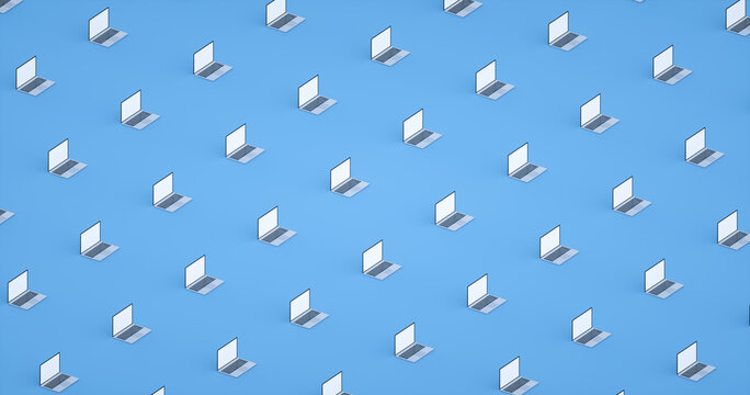 3D render. Set of many open computers laptop on light blue background. Isometric view