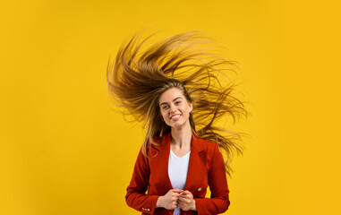 Woman long hairstyle hair fly in air light and free, freedom on head concept