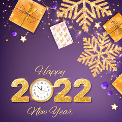 2022 Happy New Year. Golden Numbers with sequins and wall clock. Background, card with golden snowflakes sprinkled with sparkle, gift boxes, bolls, cookies in the shape of stars.