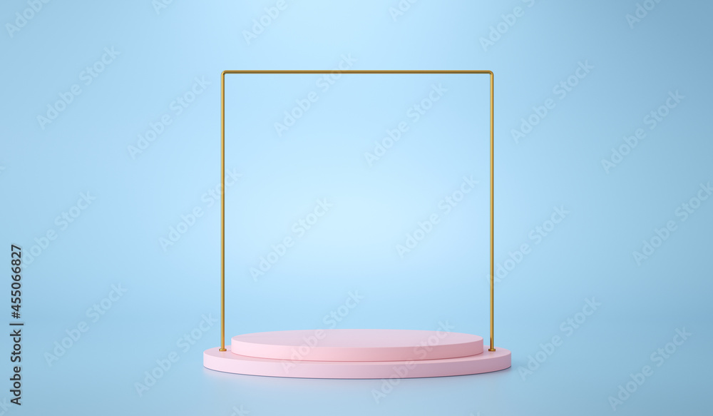 Poster pink podium with golden frame on blue background for product presentation. 3d rendering