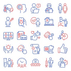 People icons set. Included icon as Human rating, Chef, Delegate work signs. Medical analyzes, Verification person, Download app symbols. Sick man, Online question, Meeting time. Ranking. Vector